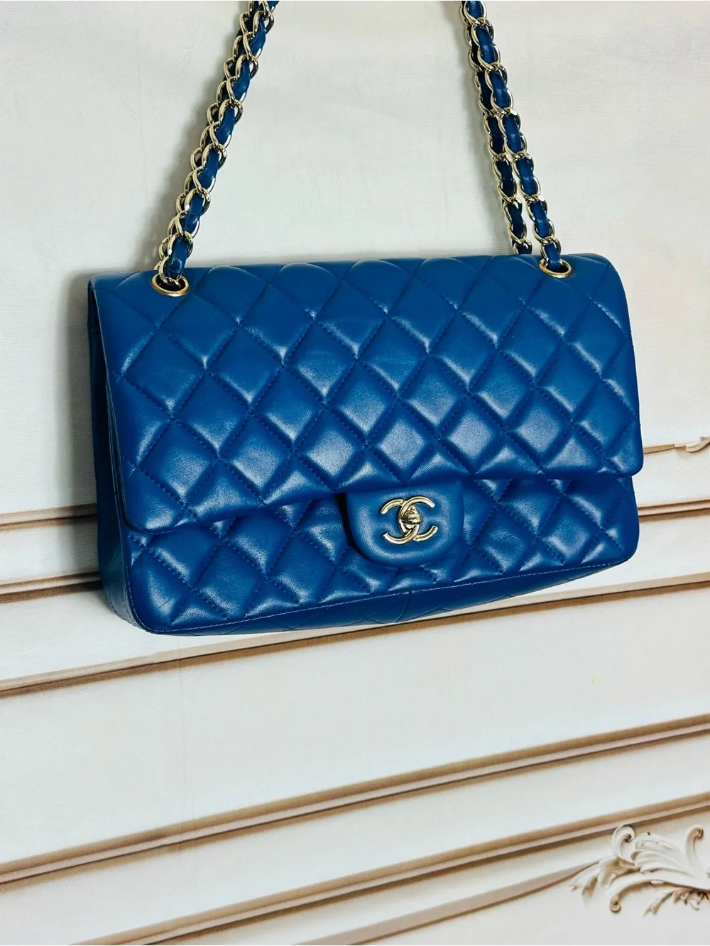CHANEL Quilted Double Flap Shoulder Bag in Royal Blue with Silver Hardware